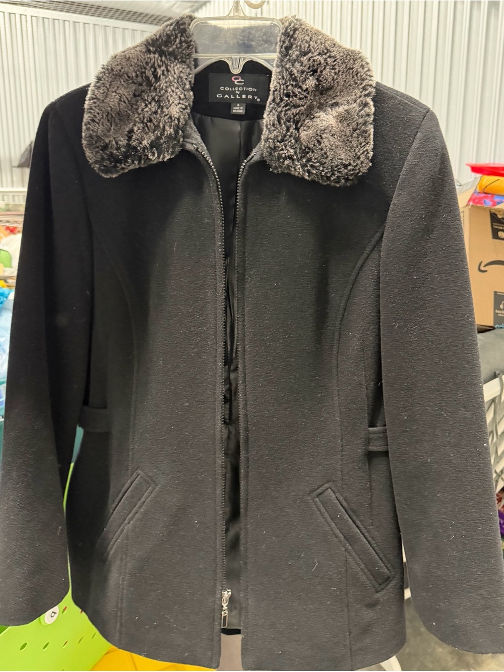Coldwater Creek Black Wool-Blend Pea Coat with Faux Fur Collar